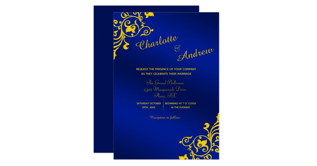 Royal Blue and Golden Yellow Floral Wedding Invitation