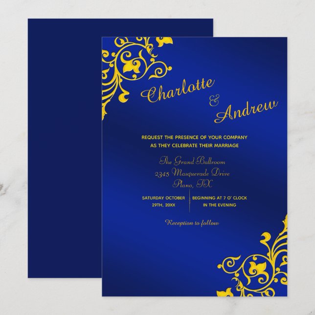 Royal Blue and Golden Yellow Floral Wedding Invitation (Front/Back)