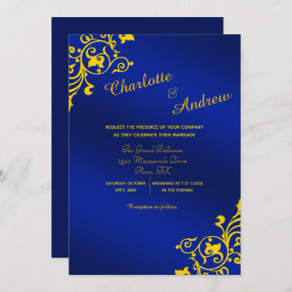 Royal Blue and Golden Yellow Floral Wedding Invitation