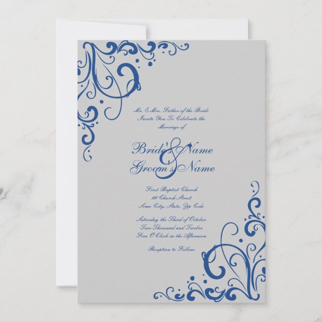 Royal Blue and Grey Flourish Wedding Invitation (Front)