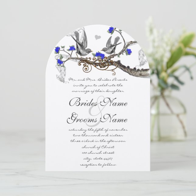 Royal Blue and Grey Vintage Birds Wedding Invite (Standing Front)