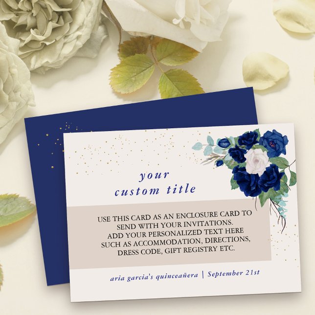 Royal Blue and Ivory Rose Custom Details Enclosure Card (Enclosure Card with fully editable text for reception details or any other additional information)