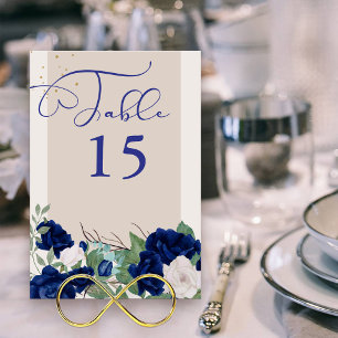 Royal Blue and Ivory Rose Elegant Floral Table Number