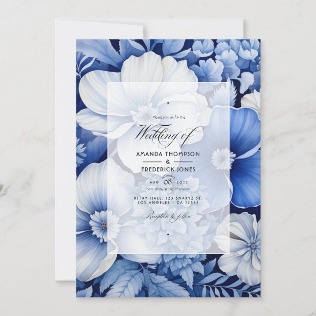 Royal Blue and Light Grey Floral Wedding Invitation (Front)