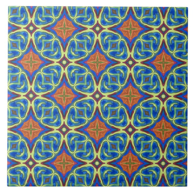 Royal Blue and Orange Patterned Ceramic Tile (Front)