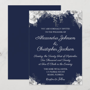 Royal Blue and Pearl White Floral Wedding Invitation