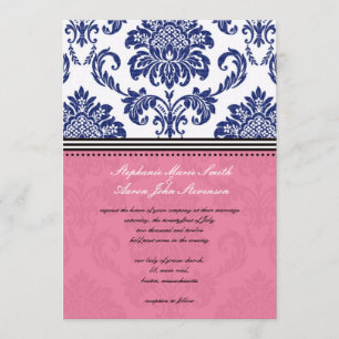 Royal Blue and Pink Damask Wedding Invitation