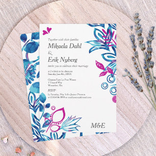 Royal Blue and Pink Floral Wedding Invitation