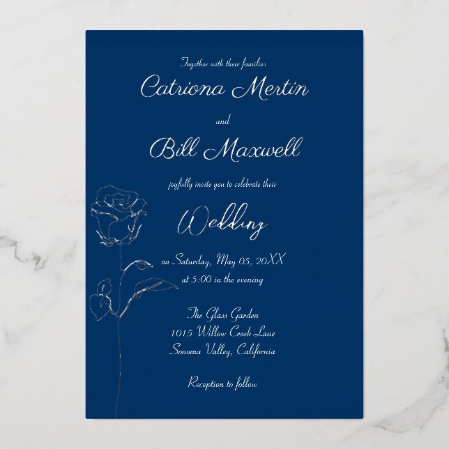 Royal Blue and Real Silver Foil Wedding Invitation (Front)