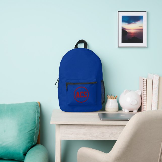 Royal Blue and Red School Colours and Letters Printed Backpack (Insitu)
