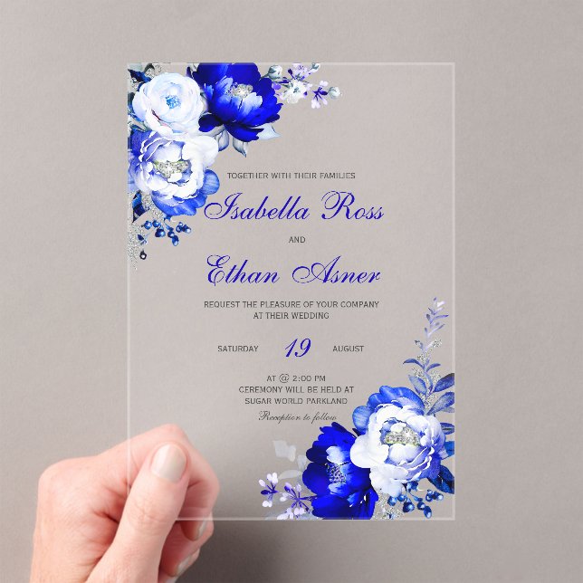 Royal Blue and Silver Acrylic Wedding Invitations (Insitu (Handheld))