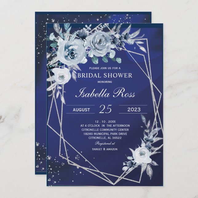 Royal Blue and Silver Bridal Shower Invitation (Front/Back)