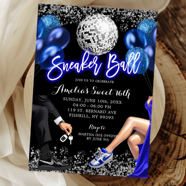 Royal Blue and Silver Disco Sneaker Ball Birthday Invitation (Creator Uploaded)