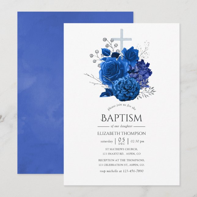 Royal Blue and Silver Floral Baptism Invitation (Front/Back)