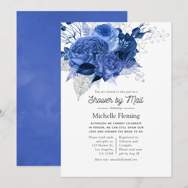 Royal Blue and Silver Floral Bridal Shower by Mail Invitation (Front/Back)