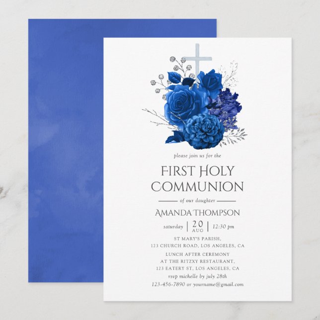 Royal Blue and Silver Floral First Holy Communion Invitation (Front/Back)