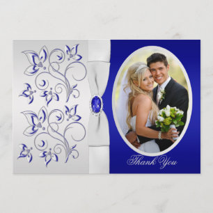 Royal Blue and Silver Floral Photo Thank You Card