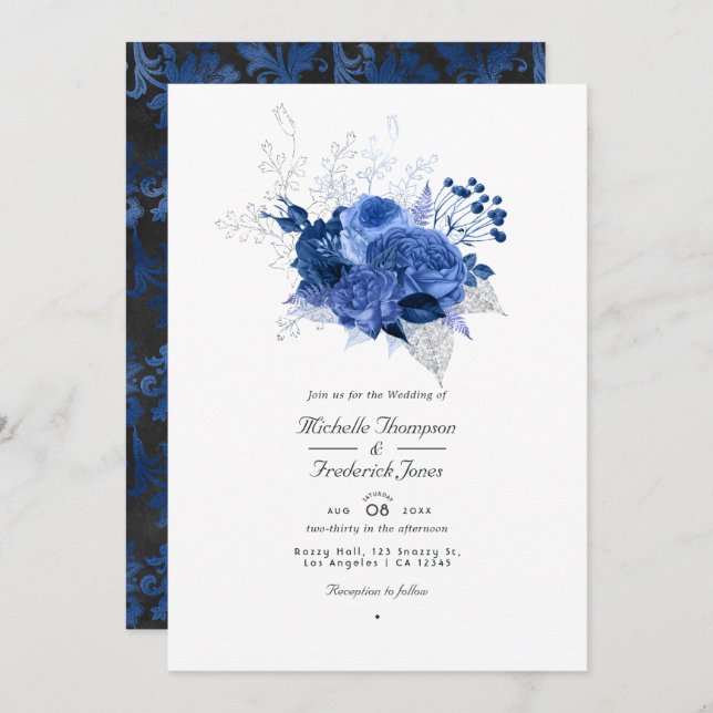 Royal Blue and Silver Floral QR Code RSVP Wedding Invitation (Front/Back)