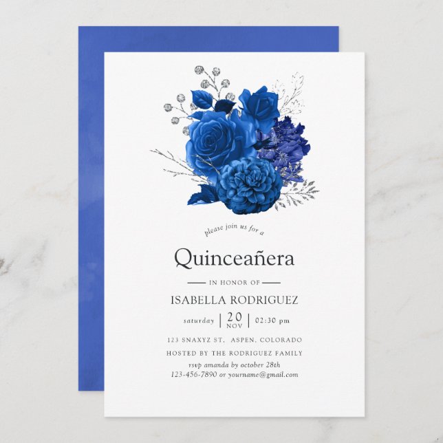 Royal Blue and Silver Floral Quinceañera Invitation (Front/Back)