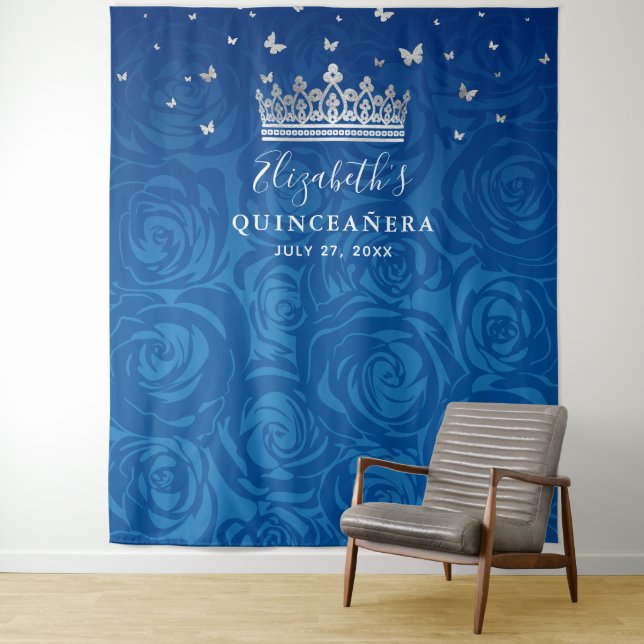 Royal Blue and Silver Floral Quinceanera Photo Tapestry (In Situ)