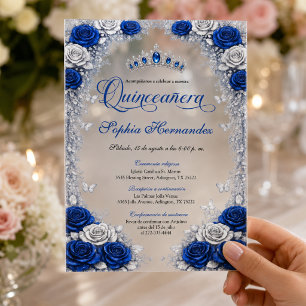 Royal Blue and Silver Floral Spanish Quinceañera Acrylic Invitations