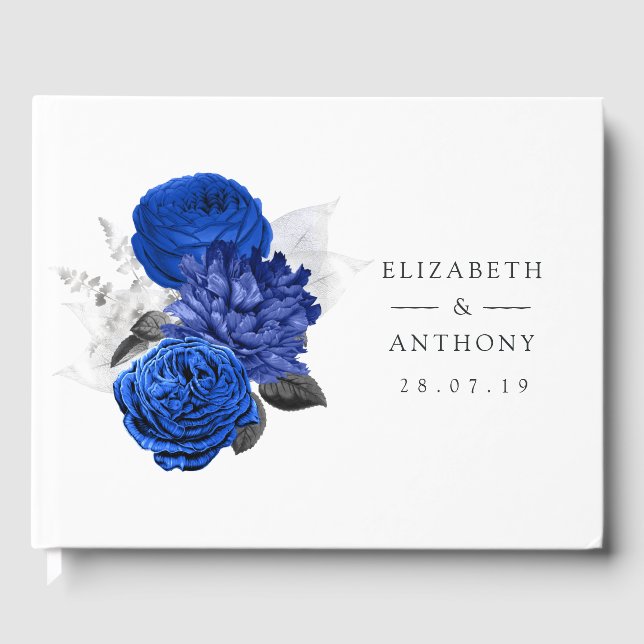 Royal Blue and Silver Floral Wedding Guest Book (Front)