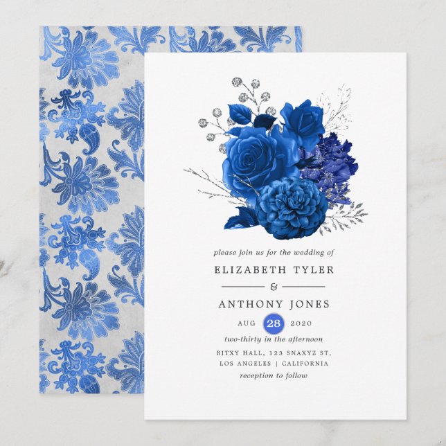 Royal Blue and Silver Floral Wedding Invitation (Front/Back)