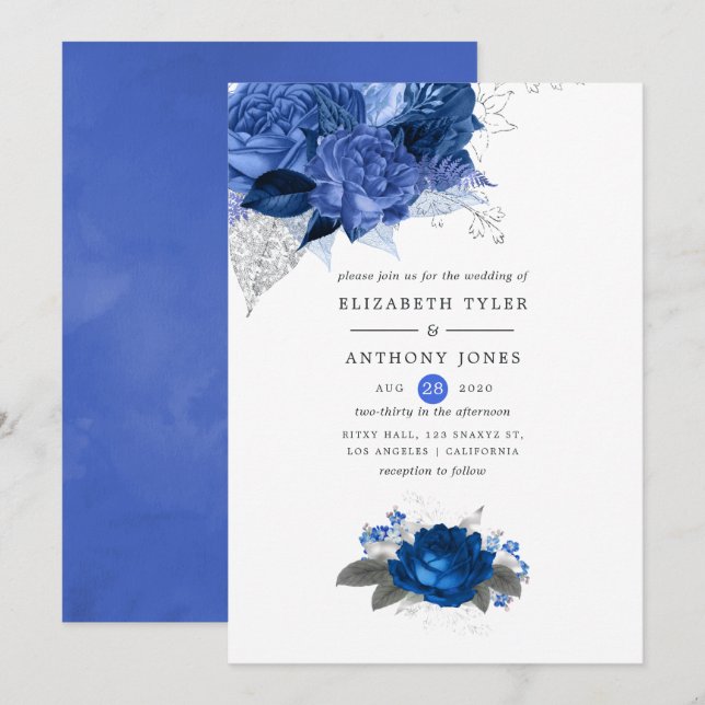 Royal Blue and Silver Floral Wedding Invitation (Front/Back)
