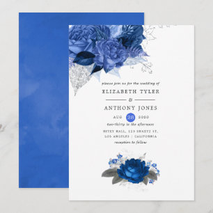 Royal Blue and Silver Floral Wedding Invitation