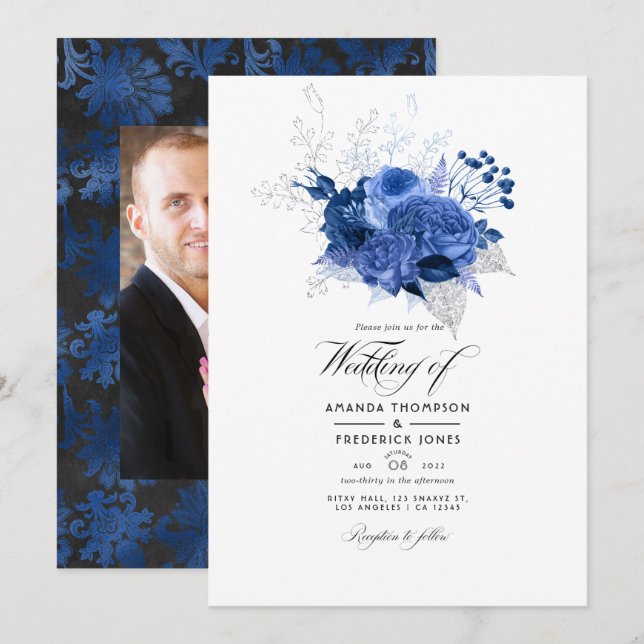 Royal Blue and Silver Floral Wedding Photo Invitation (Front/Back)