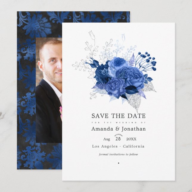 Royal Blue and Silver Floral Wedding Photo Save The Date (Front/Back)