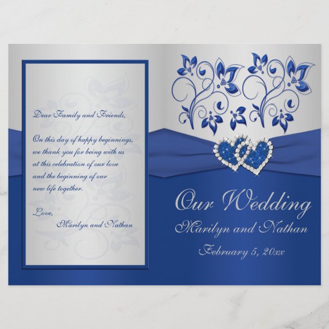 Royal Blue and Silver Floral Wedding Program (Front)
