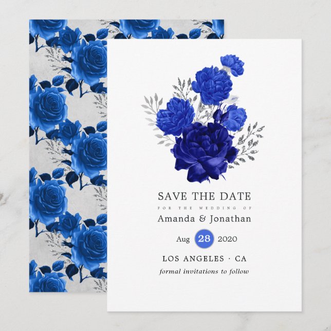 Royal Blue and Silver Floral Wedding Save The Date (Front/Back)