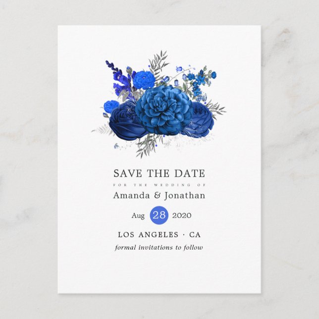 Royal Blue and Silver Floral Wedding Save the Date Announcement Postcard (Front)