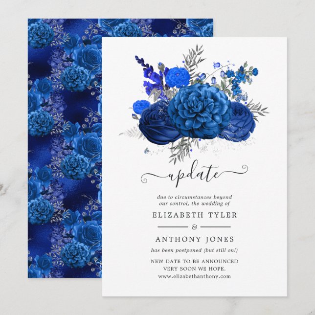 Royal Blue and Silver Floral Wedding Update Invitation (Front/Back)