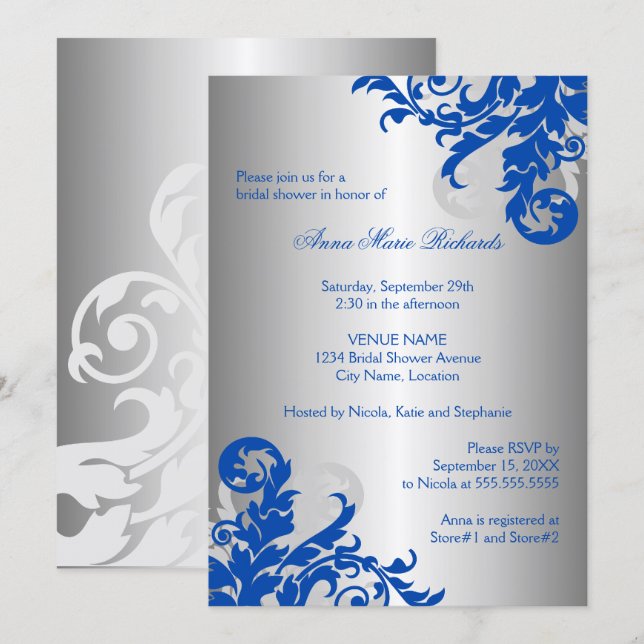 Royal Blue and Silver Flourish Bridal Shower Invitation (Front/Back)