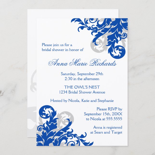 Royal Blue and Silver Flourish Bridal Shower Invitation (Front/Back)
