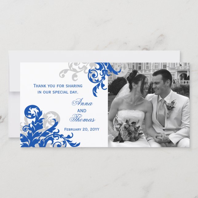 Royal Blue and Silver Flourish Wedding Photo Card (Front)