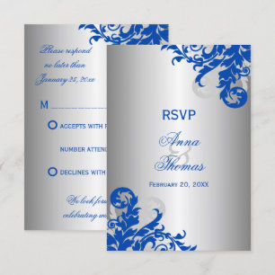 Royal Blue and Silver Flourish Wedding RSVP Card