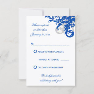 Royal Blue and Silver Flourish Wedding RSVP Card