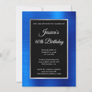 Royal Blue and Silver Foil Black 40th Birthday Invitation