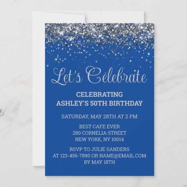 Royal Blue and Silver Glitter 50th Birthday Party Invitation (Front)