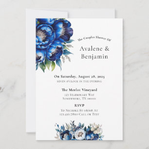 Royal Blue and Silver Glitter Peony Couples Shower Invitation