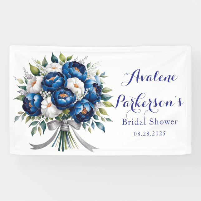 Royal Blue and Silver Glittery Peony Bridal Shower Banner (Horizontal)
