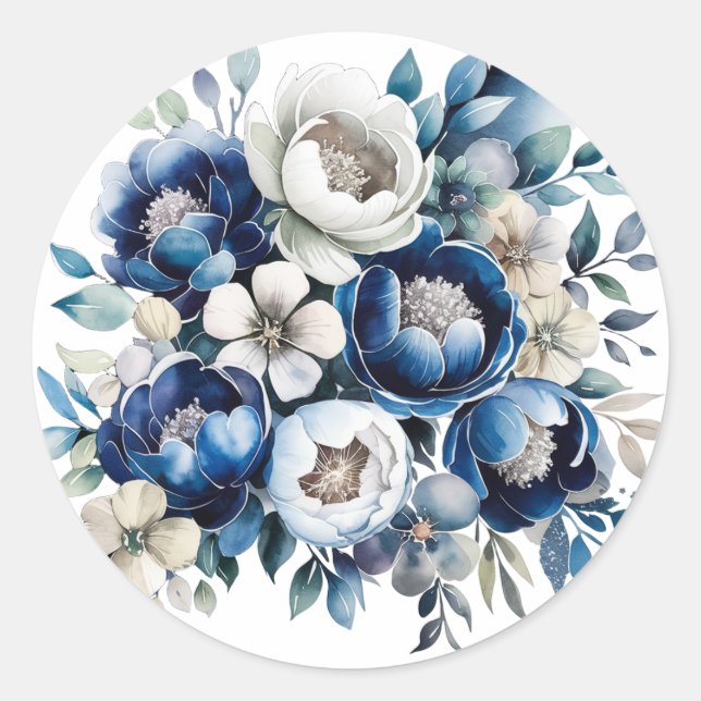 Royal Blue and Silver Glittery Peony Wedding  Classic Round Sticker (Front)