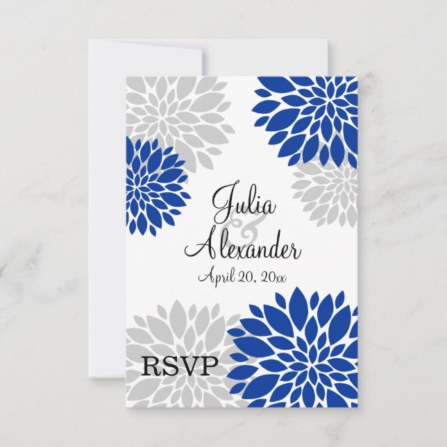 Royal Blue and Silver-Grey Floral Burst RSVP (Front)