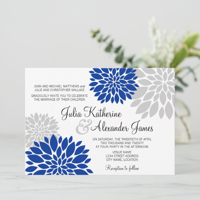 Royal Blue and Silver-Grey Floral Burst Wedding Invitation (Standing Front)