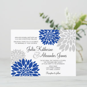 Royal Blue and Silver-Grey Floral Burst Wedding Invitation