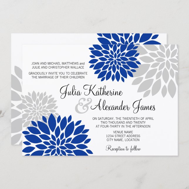 Royal Blue and Silver-Grey Floral Burst Wedding Invitation (Front/Back)