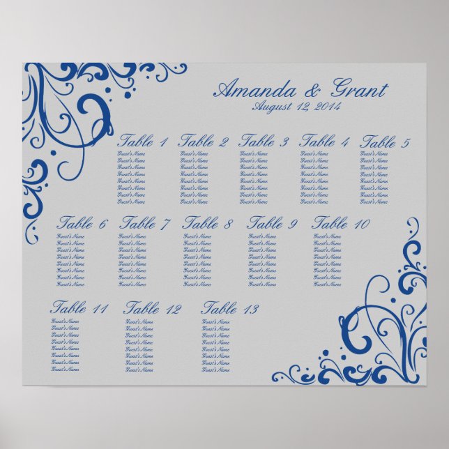 Royal Blue and Silver Grey Flourish Seating Chart (Front)